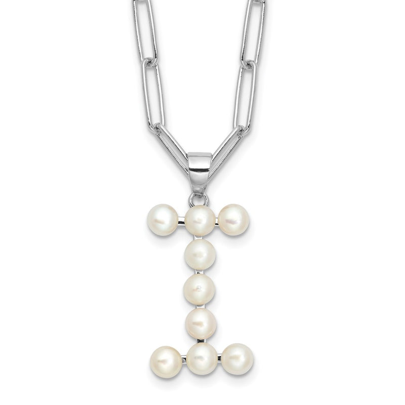 Sterling Silver Rhodium Plated 3-5.5mm Fwc Pearl Letter I 18in Necklace