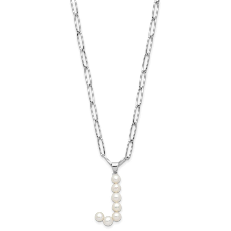 Sterling Silver Rhodium Plated 3-5.5mm Fwc Pearl Letter J 18in Necklace