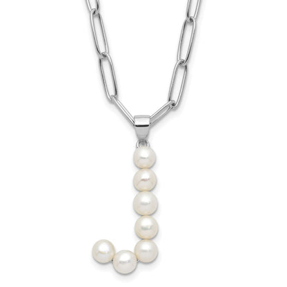 Sterling Silver Rhodium Plated 3-5.5mm Fwc Pearl Letter J 18in Necklace
