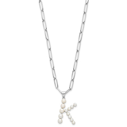 Sterling Silver Rhodium Plated 3-5.5mm Fwc Pearl Letter K 18in Necklace