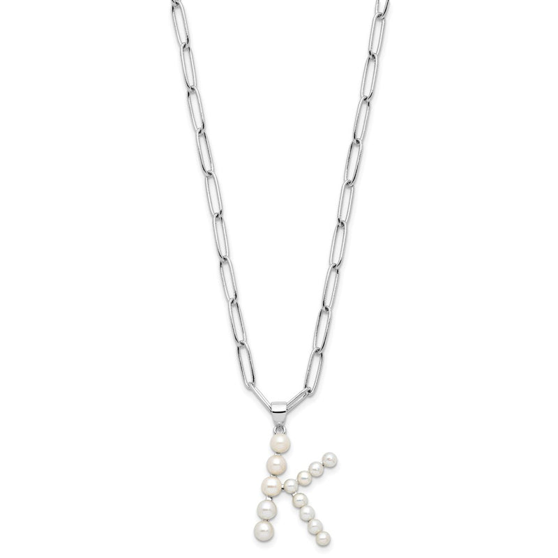 Sterling Silver Rhodium Plated 3-5.5mm Fwc Pearl Letter K 18in Necklace