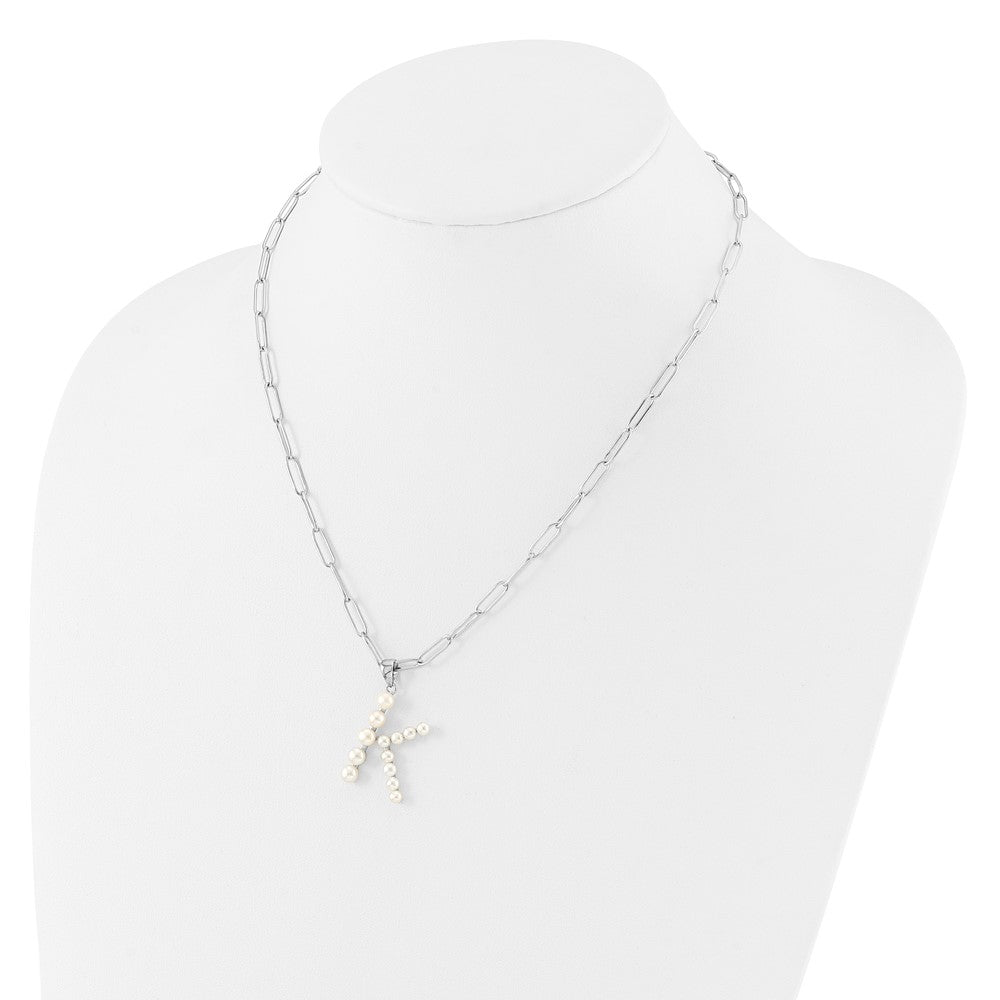 Sterling Silver Rhodium Plated 3-5.5mm Fwc Pearl Letter K 18in Necklace