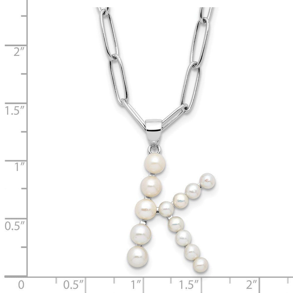 Sterling Silver Rhodium Plated 3-5.5mm Fwc Pearl Letter K 18in Necklace