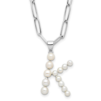 Sterling Silver Rhodium Plated 3-5.5mm Fwc Pearl Letter K 18in Necklace