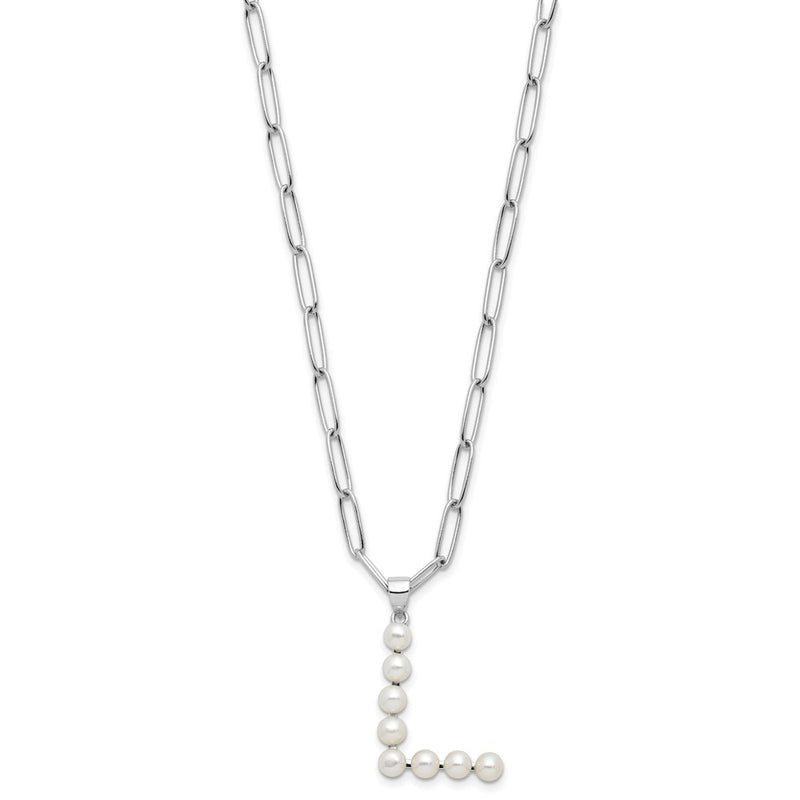 Sterling Silver Rhodium Plated 3-5.5mm Fwc Pearl Letter L 18in Necklace