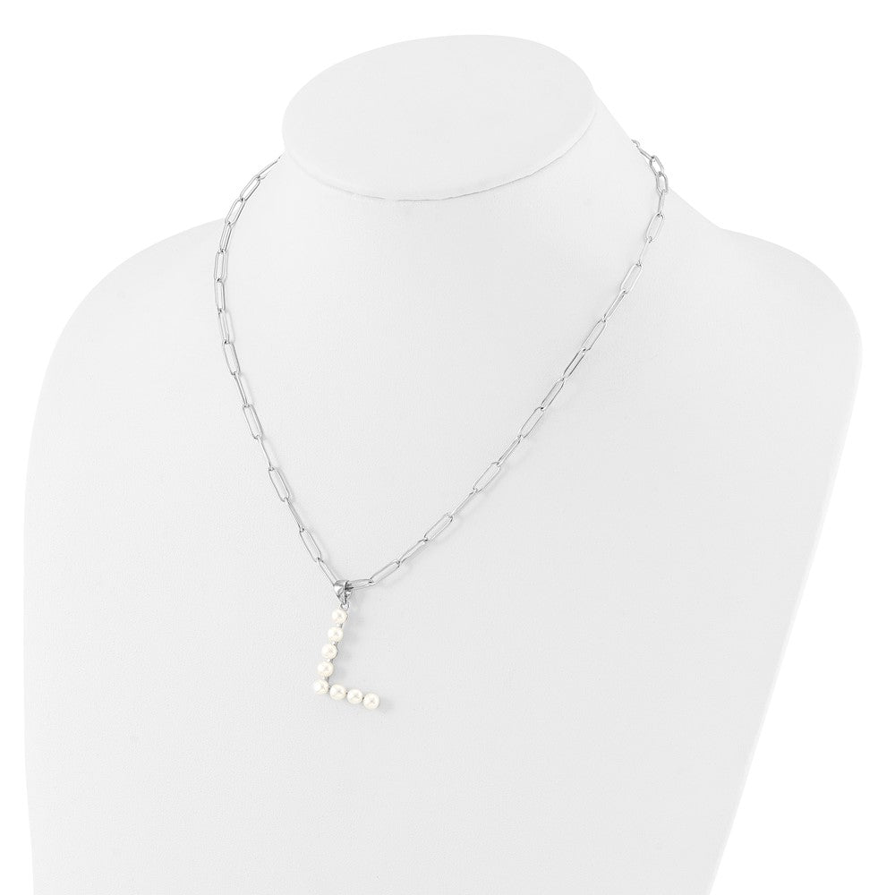Sterling Silver Rhodium Plated 3-5.5mm Fwc Pearl Letter L 18in Necklace