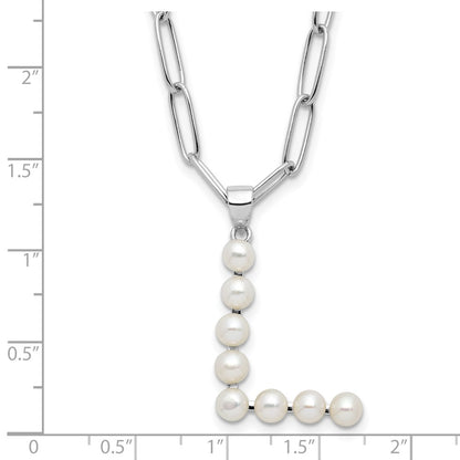 Sterling Silver Rhodium Plated 3-5.5mm Fwc Pearl Letter L 18in Necklace