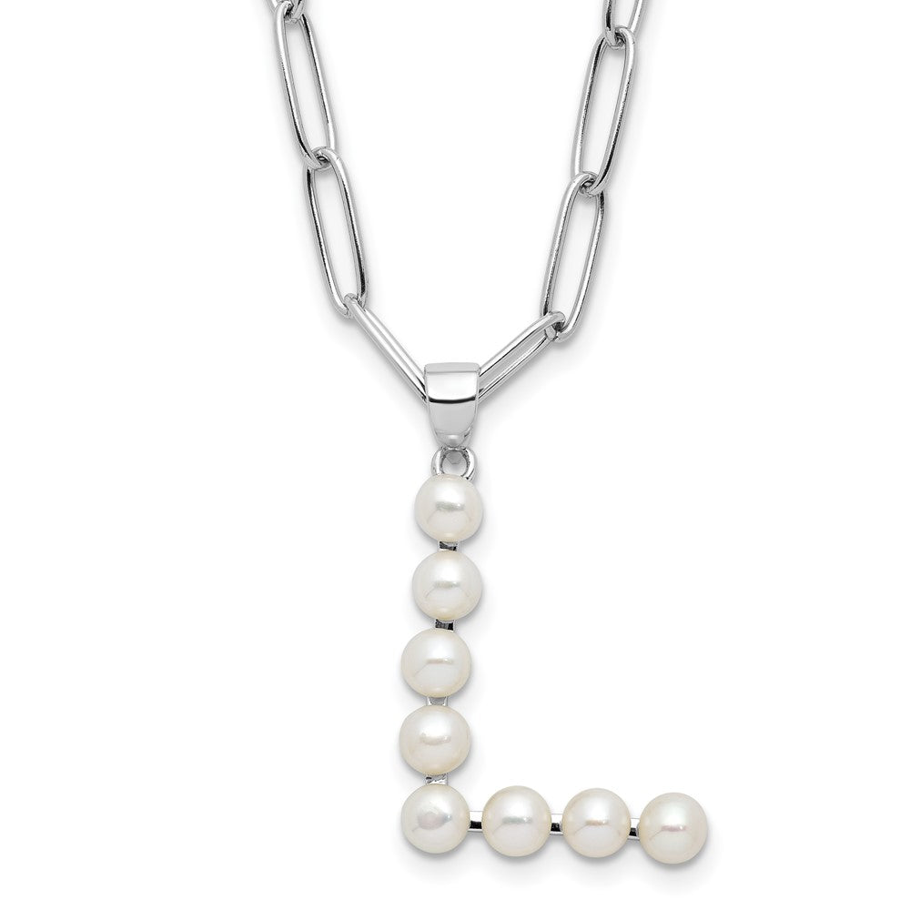 Sterling Silver Rhodium Plated 3-5.5mm Fwc Pearl Letter L 18in Necklace