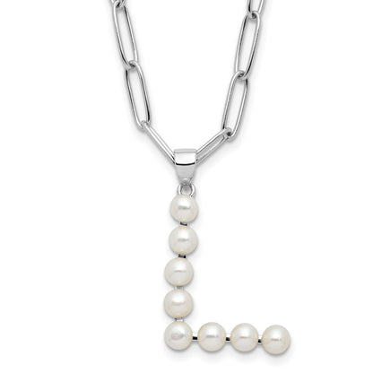 Sterling Silver Rhodium Plated 3-5.5mm Fwc Pearl Letter L 18in Necklace