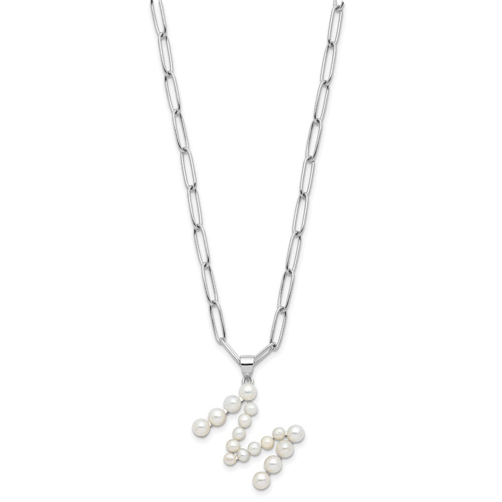 Sterling Silver Rhodium Plated 3-5.5mm Fwc Pearl Letter M 18in Necklace