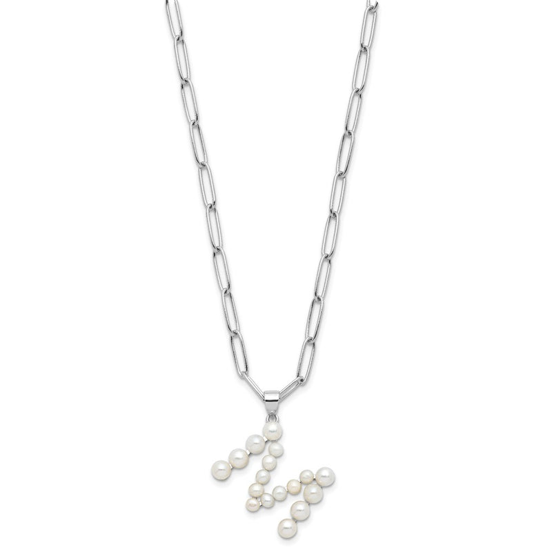 Sterling Silver Rhodium Plated 3-5.5mm Fwc Pearl Letter M 18in Necklace
