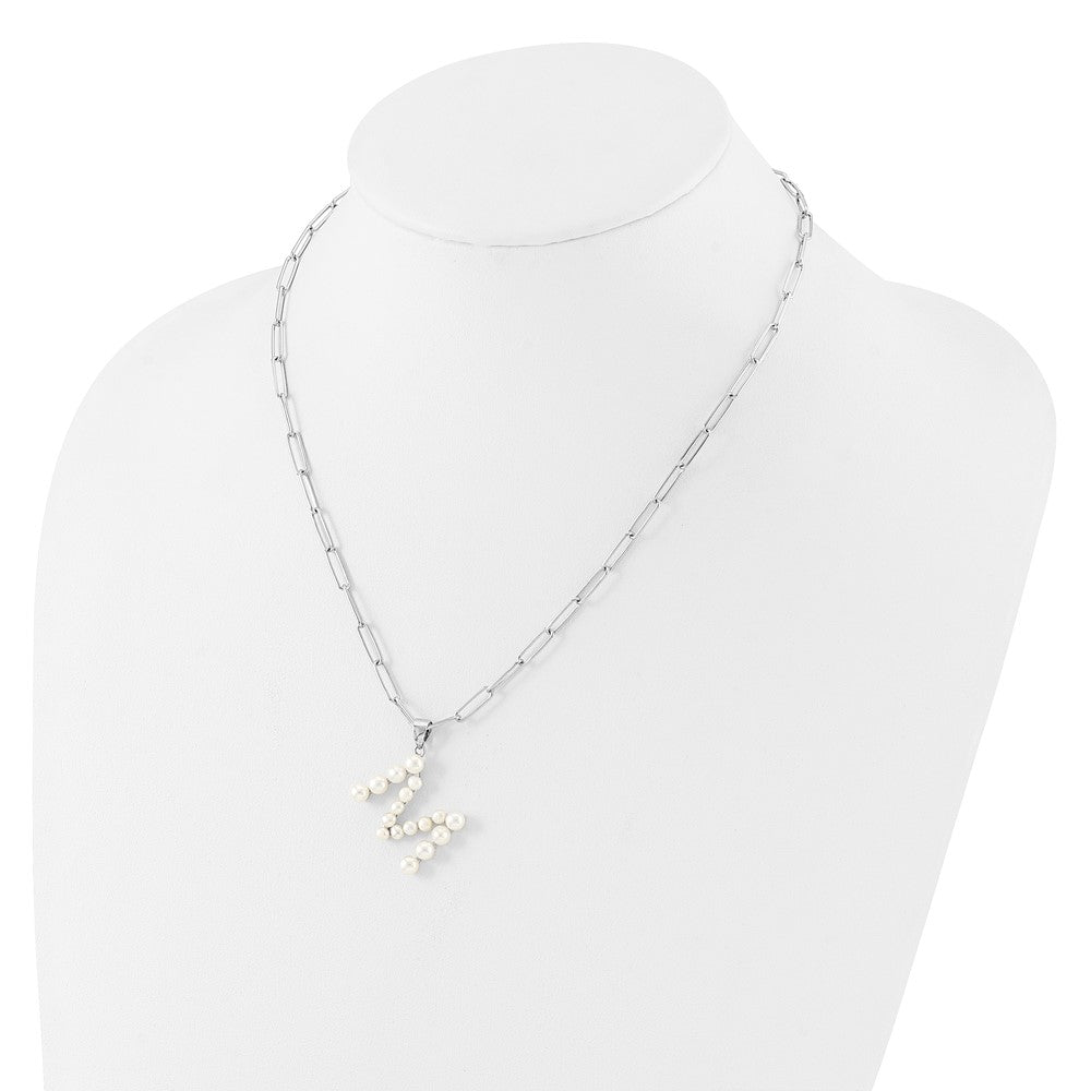 Sterling Silver Rhodium Plated 3-5.5mm Fwc Pearl Letter M 18in Necklace