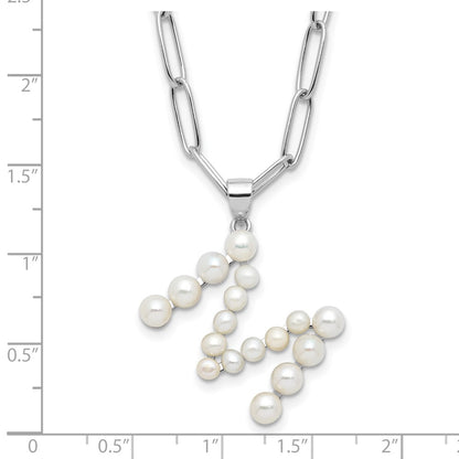 Sterling Silver Rhodium Plated 3-5.5mm Fwc Pearl Letter M 18in Necklace