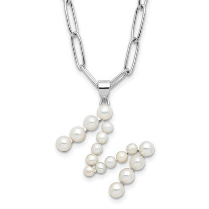 Sterling Silver Rhodium Plated 3-5.5mm Fwc Pearl Letter M 18in Necklace