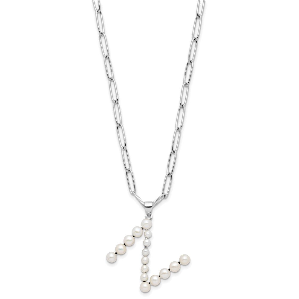 Sterling Silver Rhodium Plated 3-5.5mm Fwc Pearl Letter N 18in Necklace