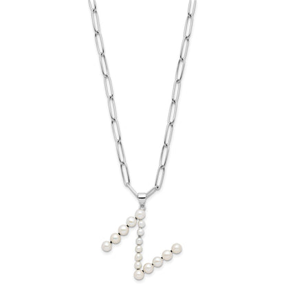 Sterling Silver Rhodium Plated 3-5.5mm Fwc Pearl Letter N 18in Necklace