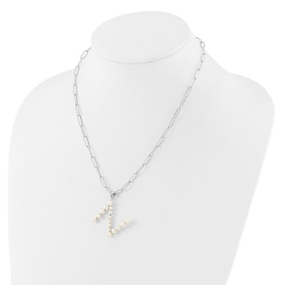 Sterling Silver Rhodium Plated 3-5.5mm Fwc Pearl Letter N 18in Necklace