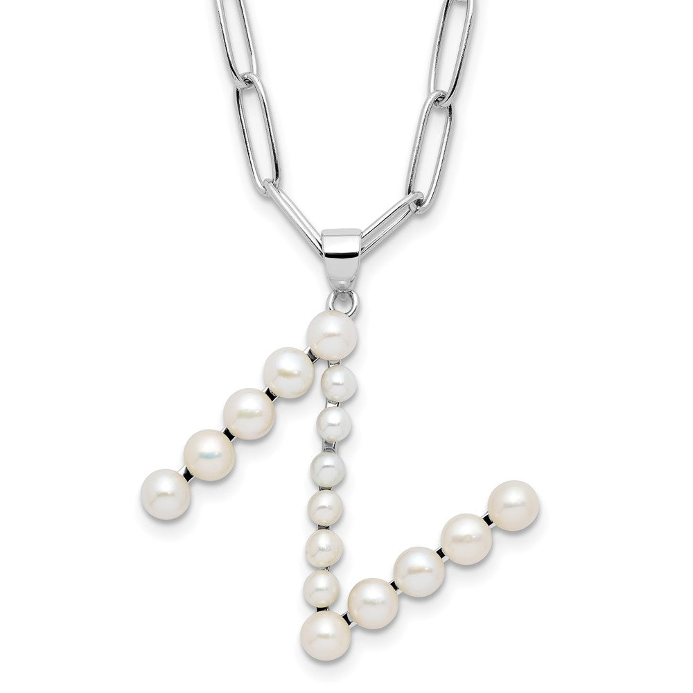 Sterling Silver Rhodium Plated 3-5.5mm Fwc Pearl Letter N 18in Necklace