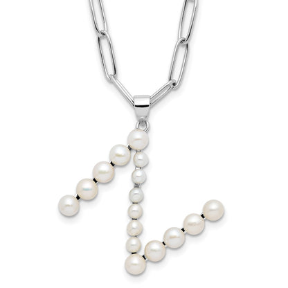 Sterling Silver Rhodium Plated 3-5.5mm Fwc Pearl Letter N 18in Necklace