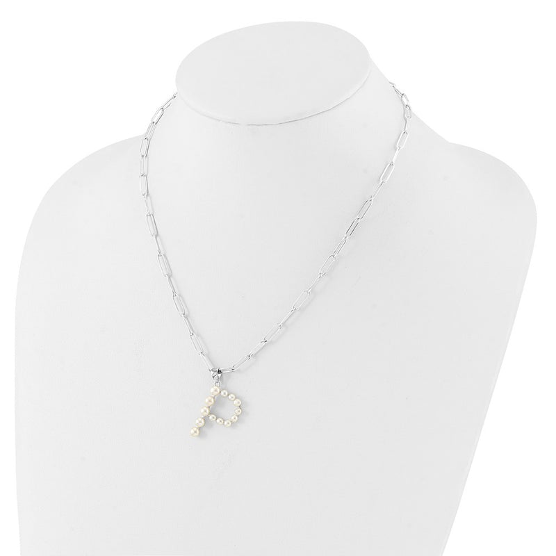Sterling Silver Rhodium Plated 3-5.5mm Fwc Pearl Letter P 18in Necklace