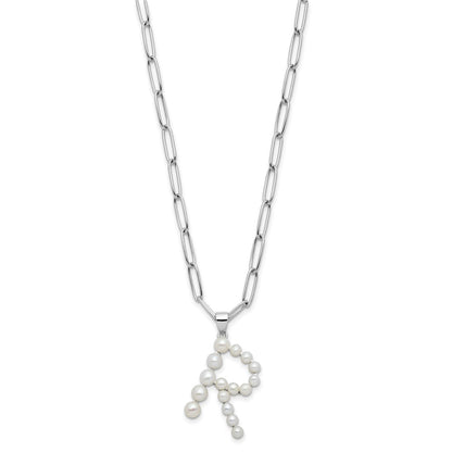 Sterling Silver Rhodium Plated 3-5.5mm Fwc Pearl Letter R 18in Necklace
