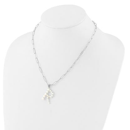 Sterling Silver Rhodium Plated 3-5.5mm Fwc Pearl Letter R 18in Necklace