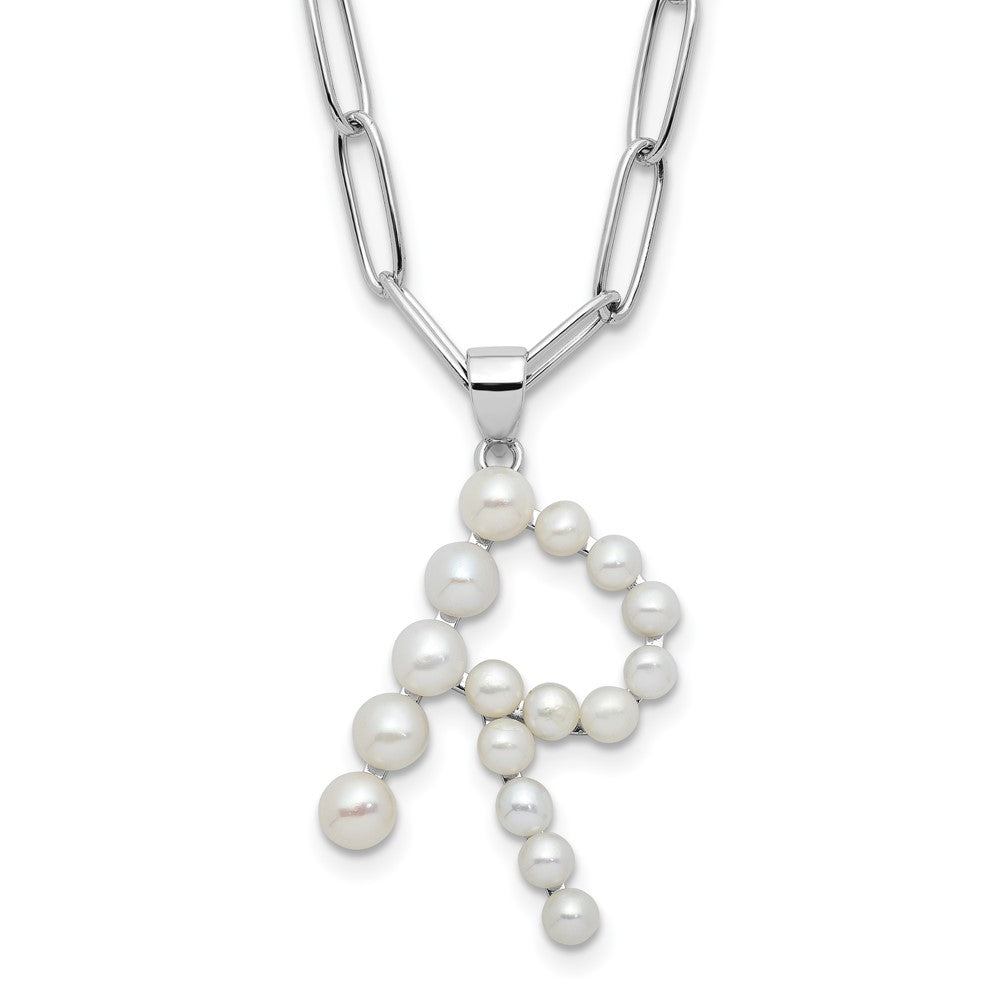 Sterling Silver Rhodium Plated 3-5.5mm Fwc Pearl Letter R 18in Necklace