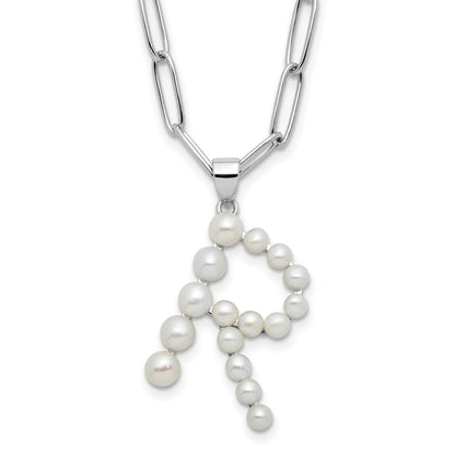 Sterling Silver Rhodium Plated 3-5.5mm Fwc Pearl Letter R 18in Necklace