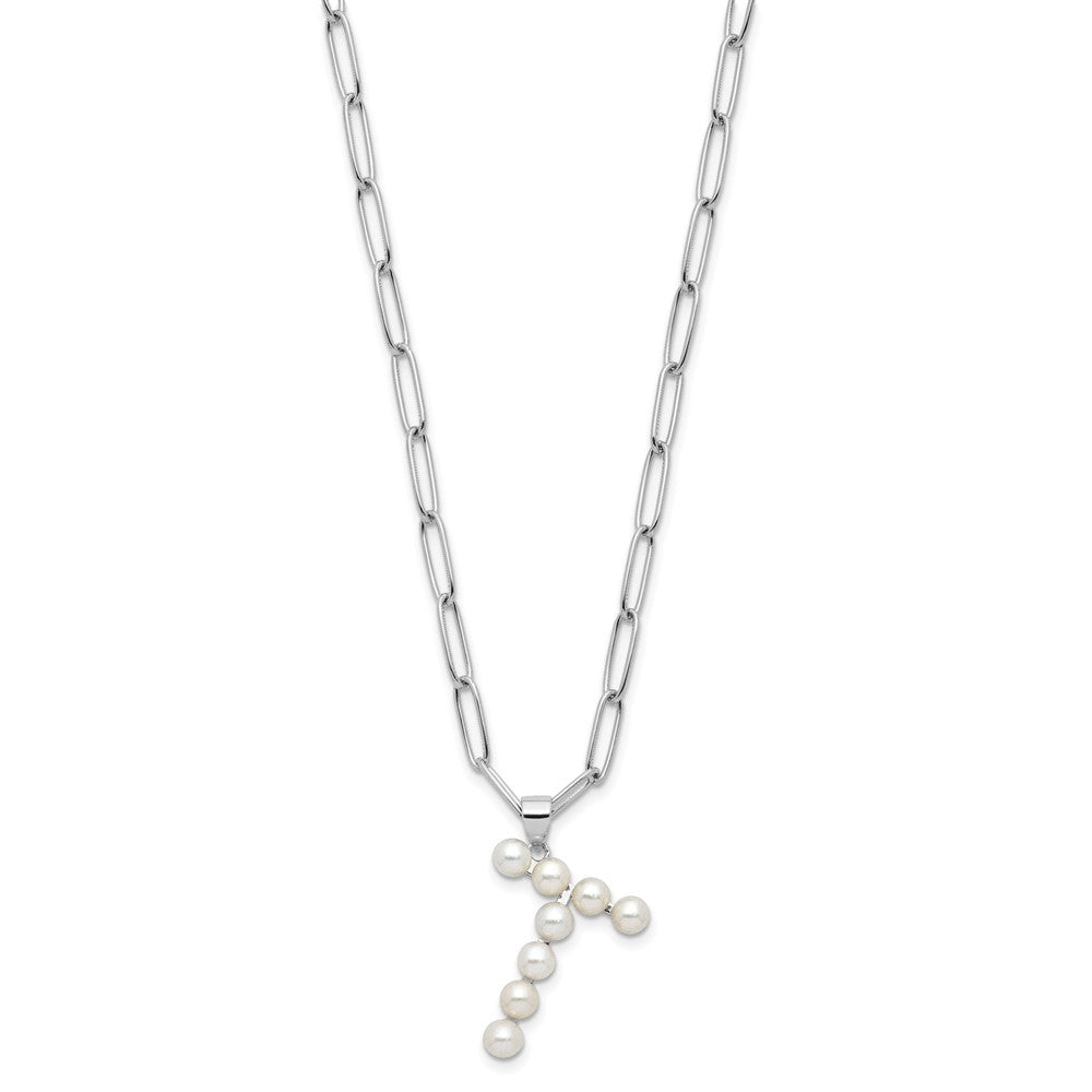 Sterling Silver Rhodium Plated 3-5.5mm Fwc Pearl Letter T 18in Necklace