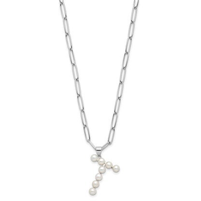 Sterling Silver Rhodium Plated 3-5.5mm Fwc Pearl Letter T 18in Necklace