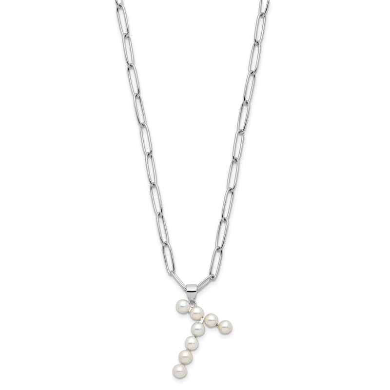 Sterling Silver Rhodium Plated 3-5.5mm Fwc Pearl Letter T 18in Necklace