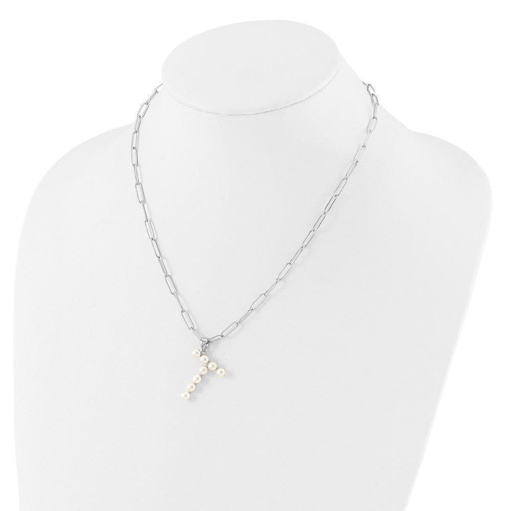 Sterling Silver Rhodium Plated 3-5.5mm Fwc Pearl Letter T 18in Necklace