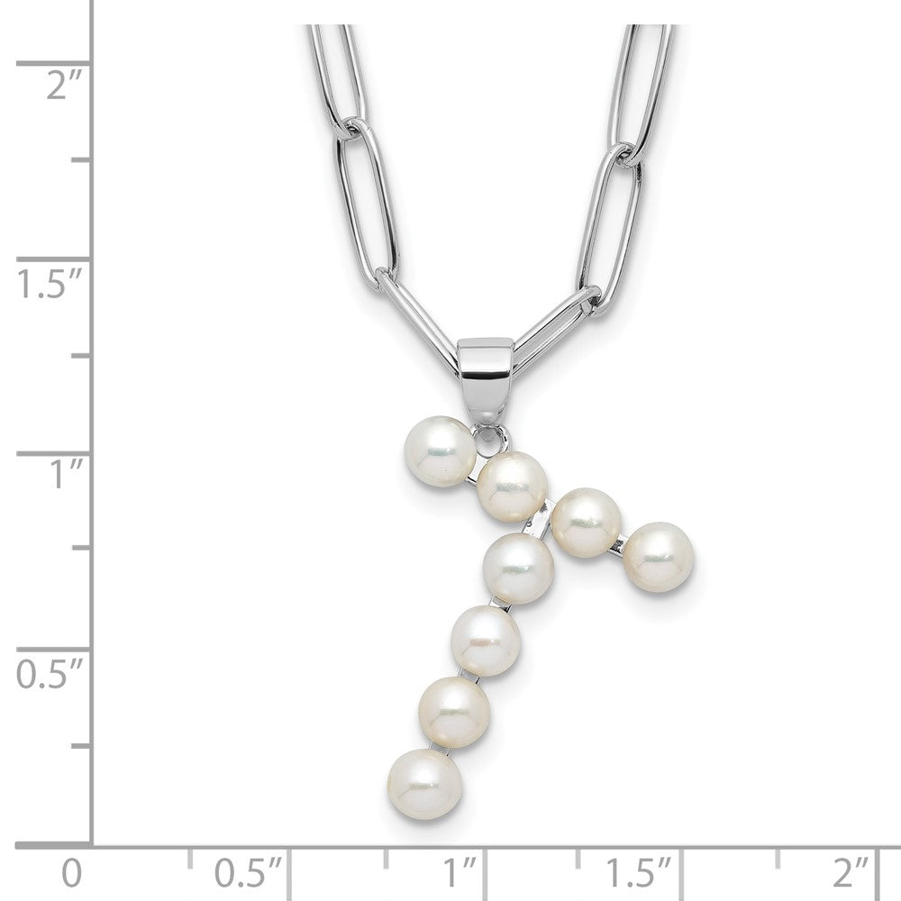 Sterling Silver Rhodium Plated 3-5.5mm Fwc Pearl Letter T 18in Necklace