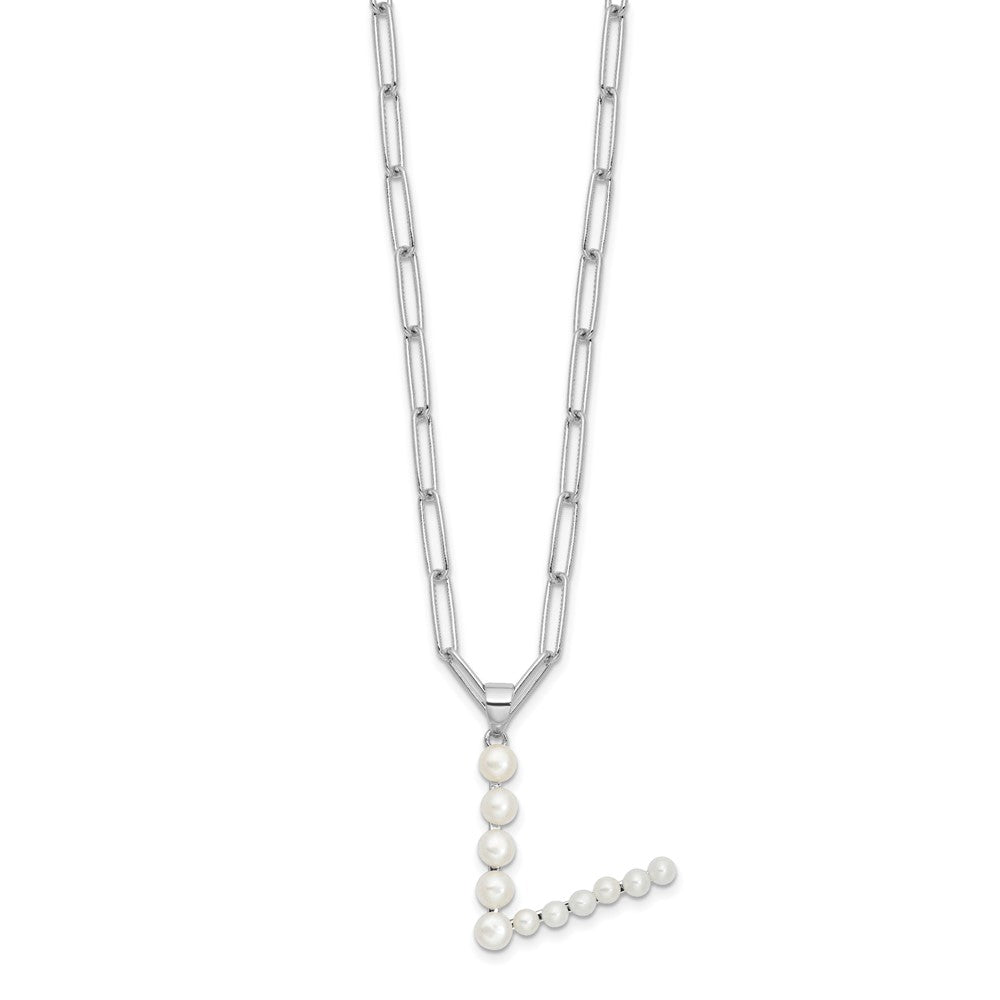 Sterling Silver Rhodium Plated 3-5.5mm Fwc Pearl Letter V 18in Necklace