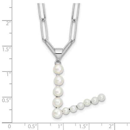 Sterling Silver Rhodium Plated 3-5.5mm Fwc Pearl Letter V 18in Necklace