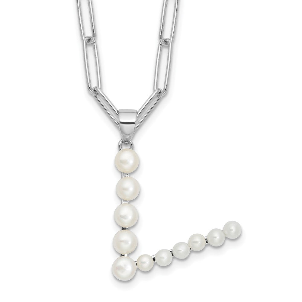 Sterling Silver Rhodium Plated 3-5.5mm Fwc Pearl Letter V 18in Necklace