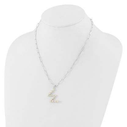 Sterling Silver Rhodium Plated 3-5.5mm Fwc Pearl Letter W 18in Necklace
