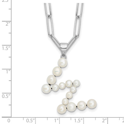 Sterling Silver Rhodium Plated 3-5.5mm Fwc Pearl Letter W 18in Necklace