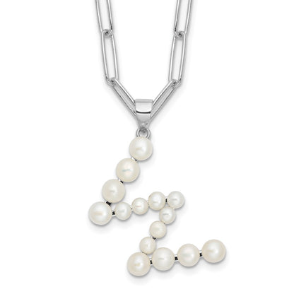 Sterling Silver Rhodium Plated 3-5.5mm Fwc Pearl Letter W 18in Necklace