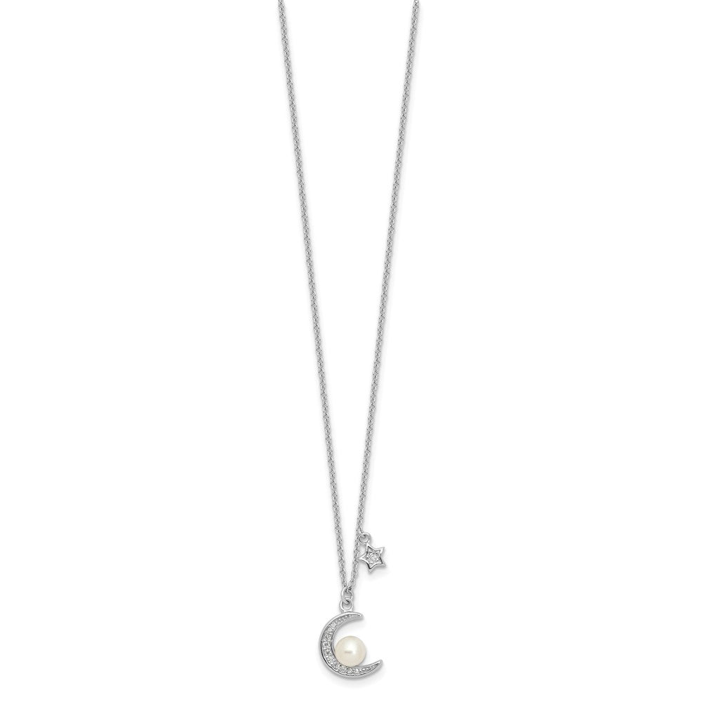 Sterling Silver Rhodium Plated CZ and Fwc Pearl Moon and Star 18in Necklace