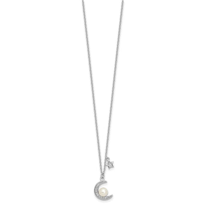 Sterling Silver Rhodium Plated CZ and Fwc Pearl Moon and Star 18in Necklace
