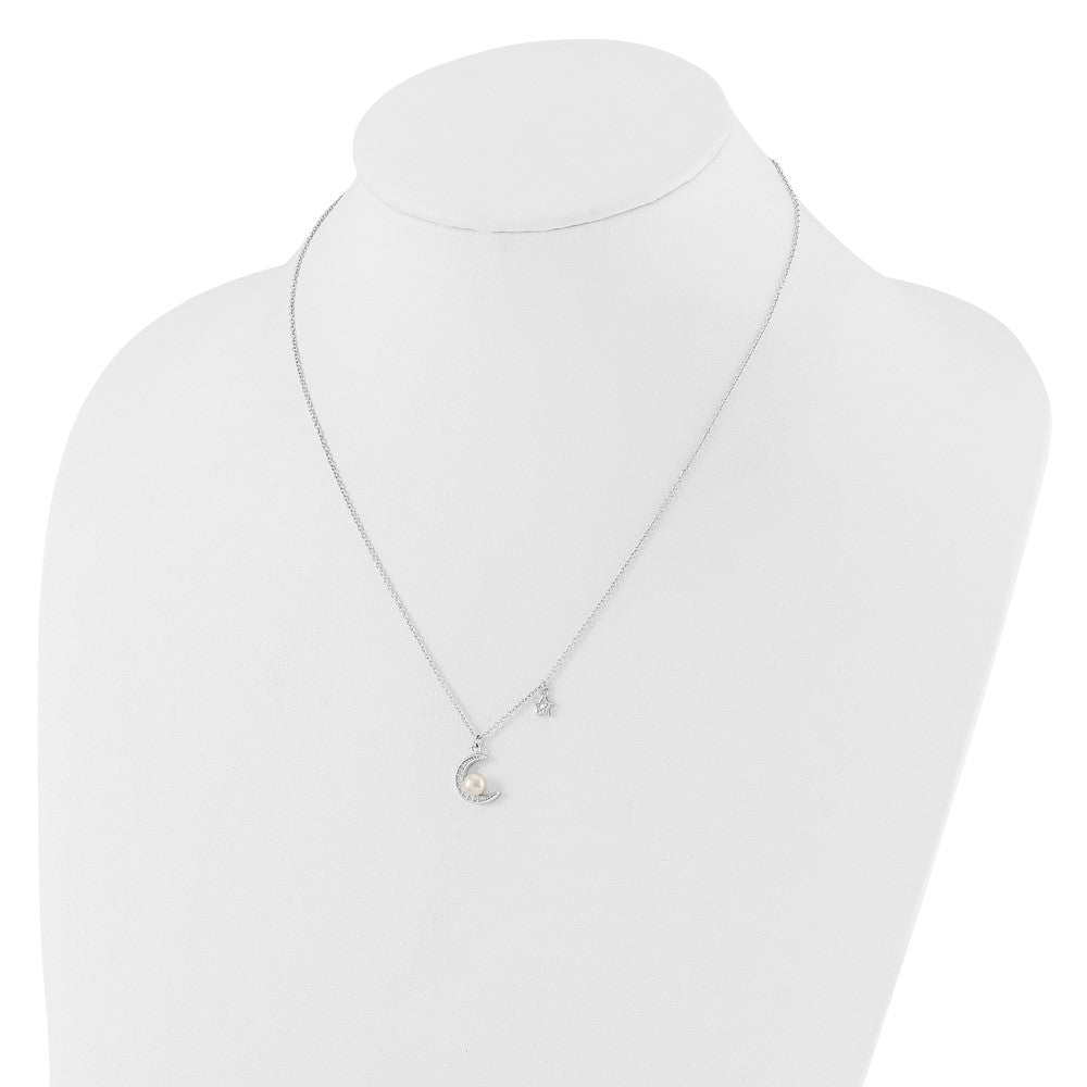 Sterling Silver Rhodium Plated CZ and Fwc Pearl Moon and Star 18in Necklace