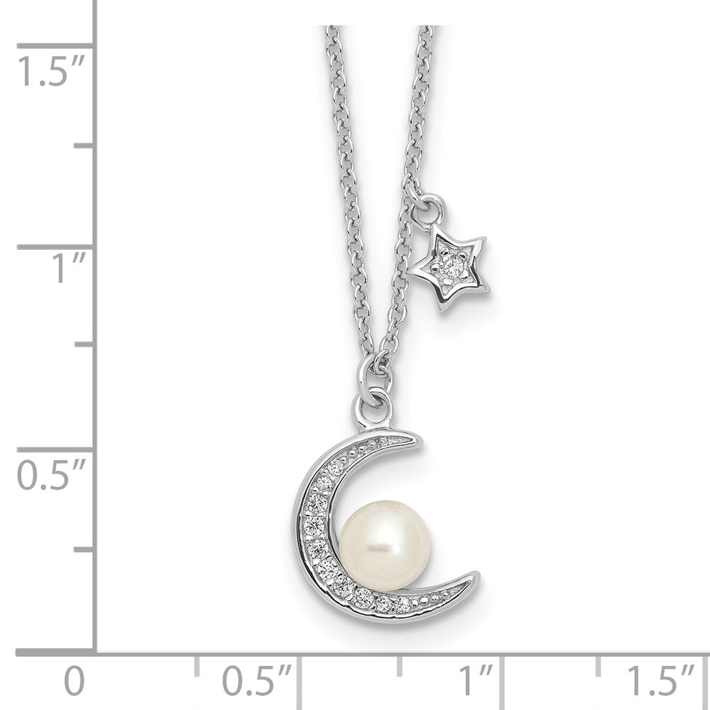Sterling Silver Rhodium Plated CZ and Fwc Pearl Moon and Star 18in Necklace
