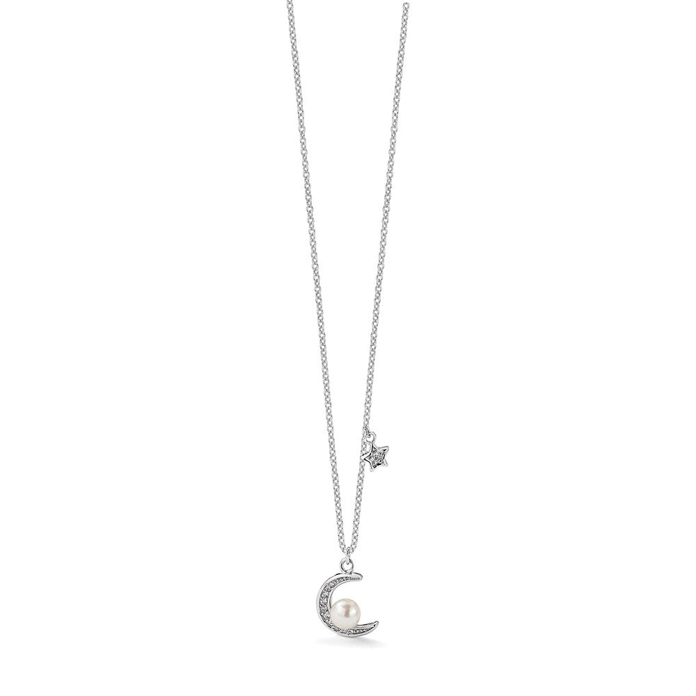 Sterling Silver Rhodium Plated CZ and Fwc Pearl Moon and Star 18in Necklace