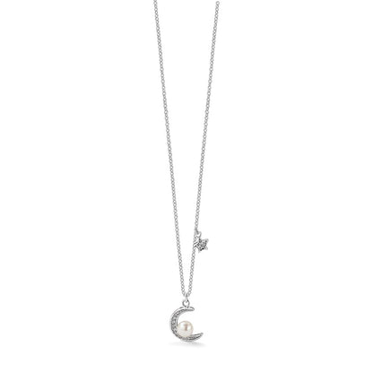 Sterling Silver Rhodium Plated CZ and Fwc Pearl Moon and Star 18in Necklace