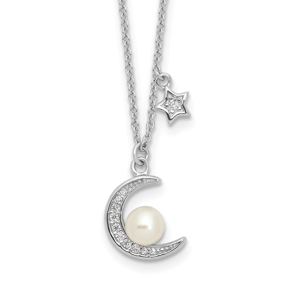 Sterling Silver Rhodium Plated CZ and Fwc Pearl Moon and Star 18in Necklace