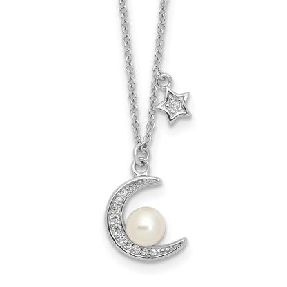 Sterling Silver Rhodium Plated CZ and Fwc Pearl Moon and Star 18in Necklace
