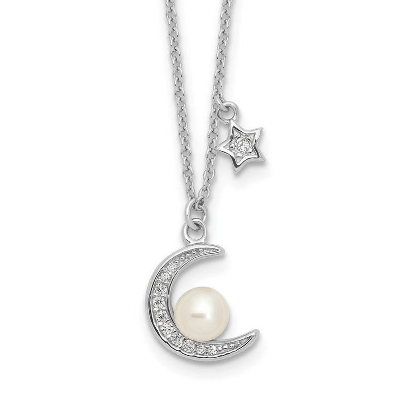 Sterling Silver Rhodium Plated CZ and Fwc Pearl Moon and Star 18in Necklace
