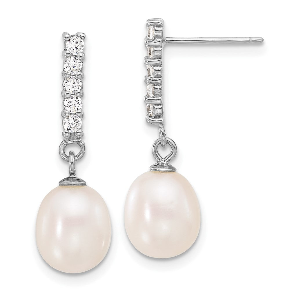 Sterling Silver Rhodium Plated Fwc Pearl/cz 17in Necklace and Post Earrings Set