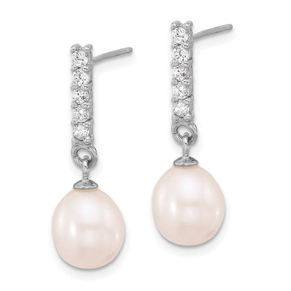 Sterling Silver Rhodium Plated Fwc Pearl/cz 17in Necklace and Post Earrings Set